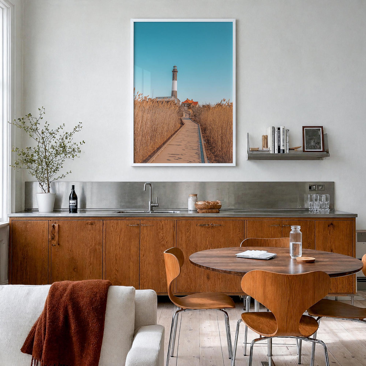 Fire Island no. 2 colorful photo poster of Long Island, New York – vertical wall art in white wood frame, hanging on wall