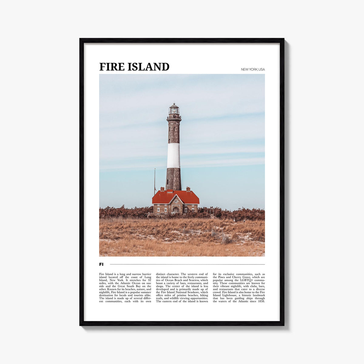 Fire Island no. 1 colorful travel poster of Long Island, New York – vertical wall art, unframed print shown in interior mocku