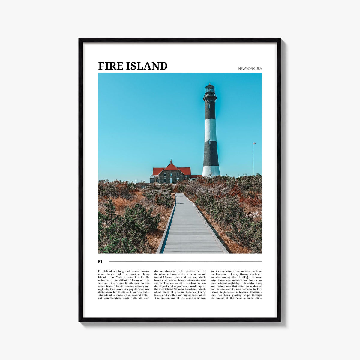 Fire Island no. 2 colorful travel poster of Long Island, New York – vertical wall art, unframed print shown in interior mocku