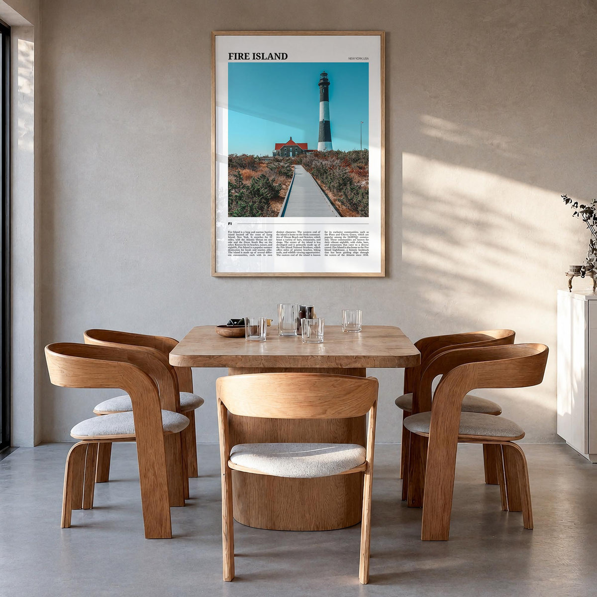 Fire Island no. 2 colorful travel poster of Long Island, New York – vertical wall art in natural wood frame, hanging on wall
