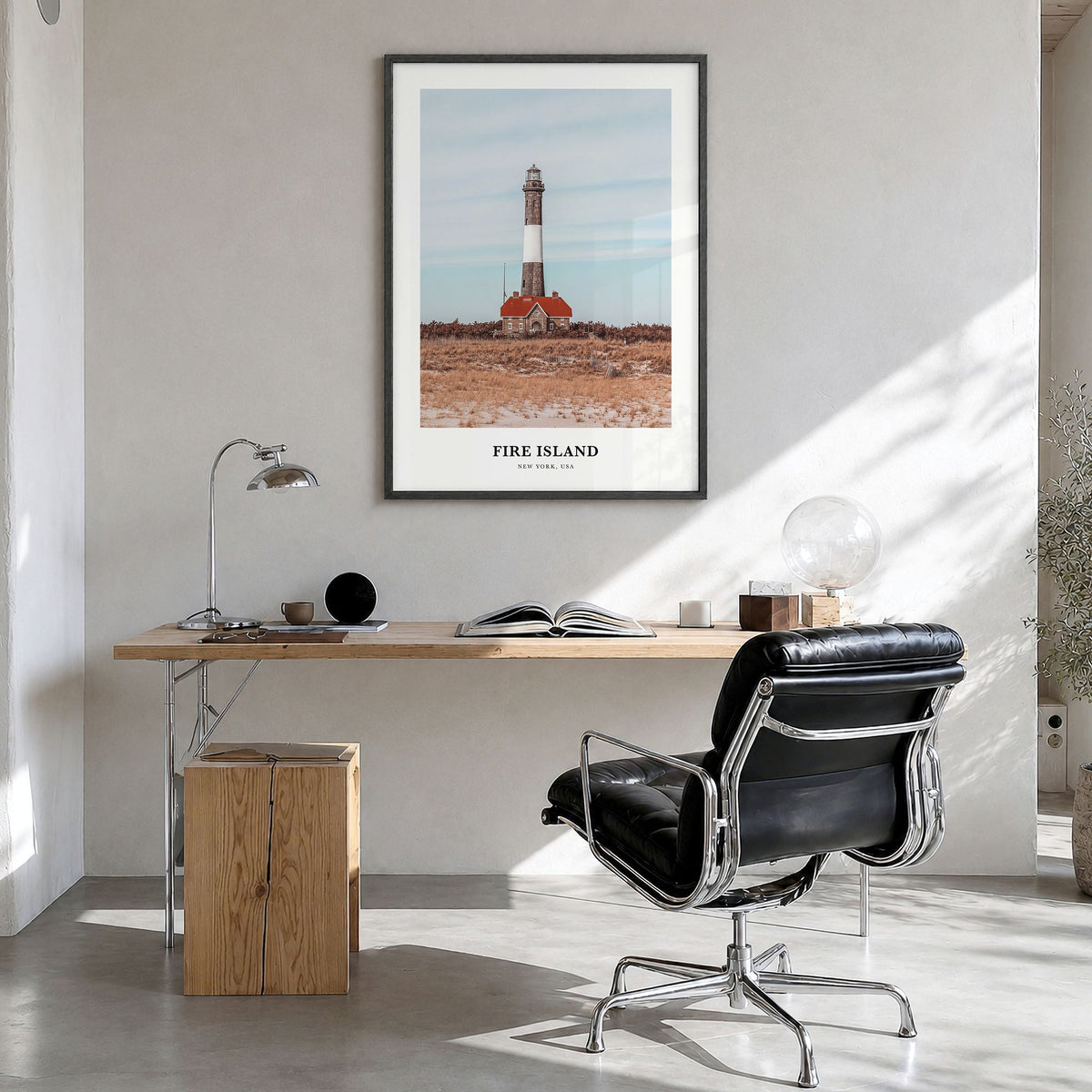 Fire Island Classic No 1 Poster in a black wood frame, hanging in a bright home office