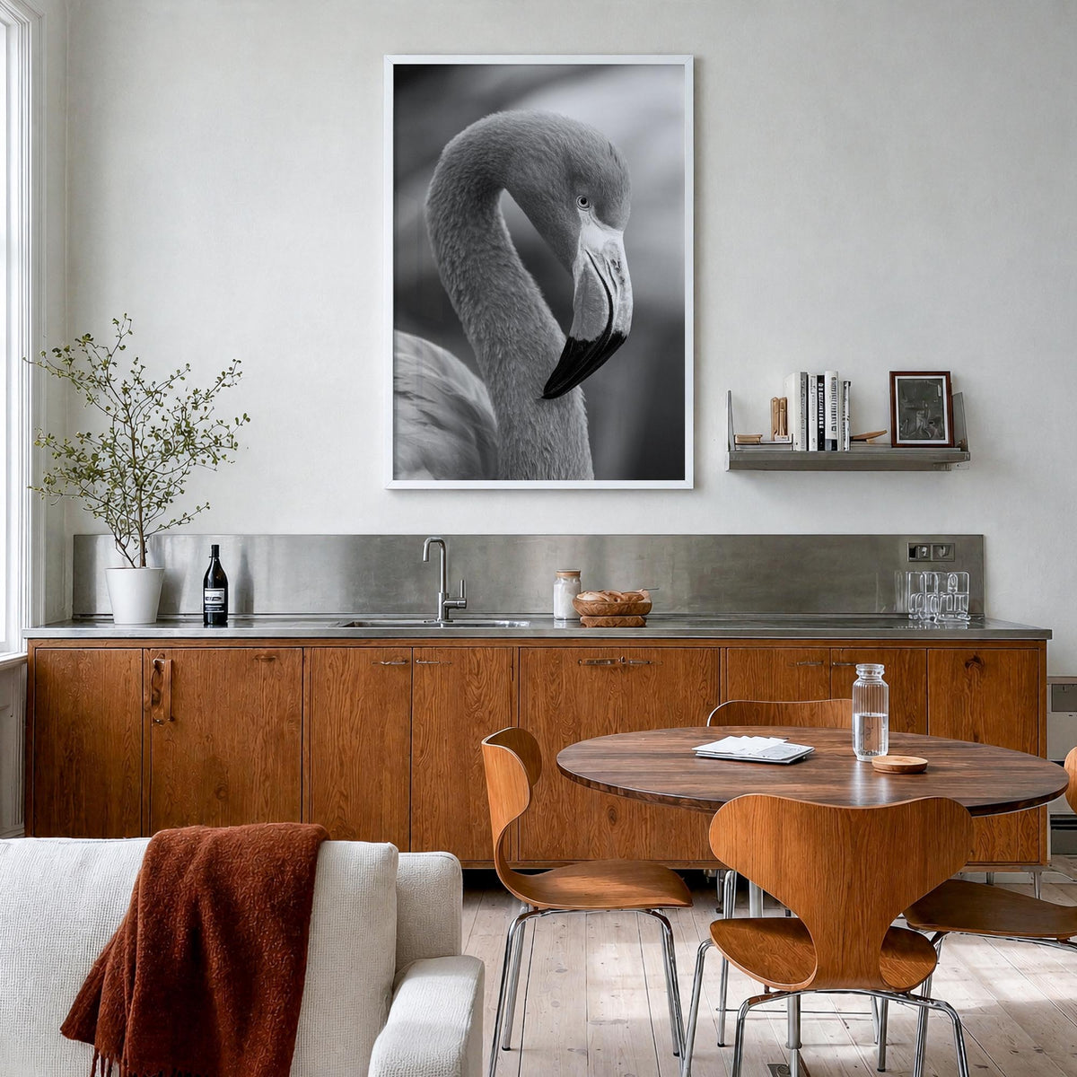 Flamingo black & white photo poster – vertical wall art in white wood frame, hanging on wall