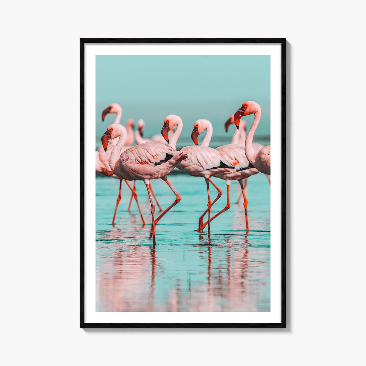 Flamingo no. 2 colorful photo poster – vertical wall art, unframed print shown in interior mockup