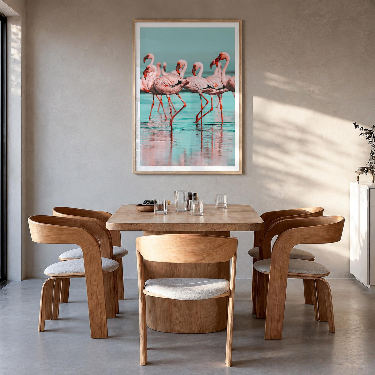 Flamingo no. 2 colorful photo poster – vertical wall art in natural wood frame with white border, hanging on wall
