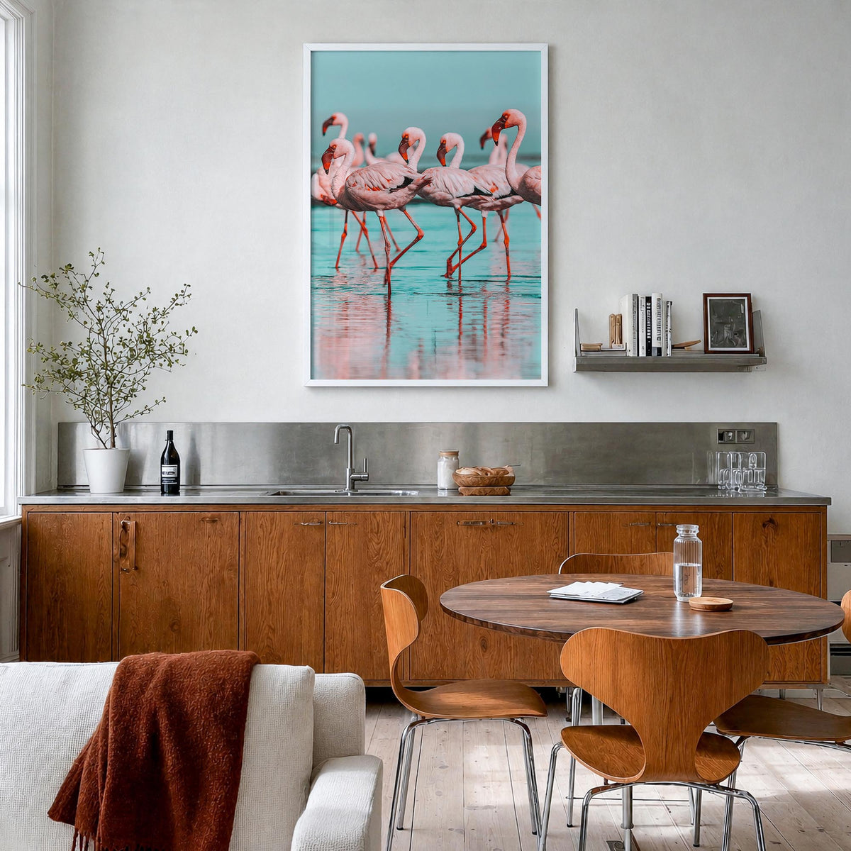 Flamingo no. 2 colorful photo poster – vertical wall art in white wood frame, hanging on wall
