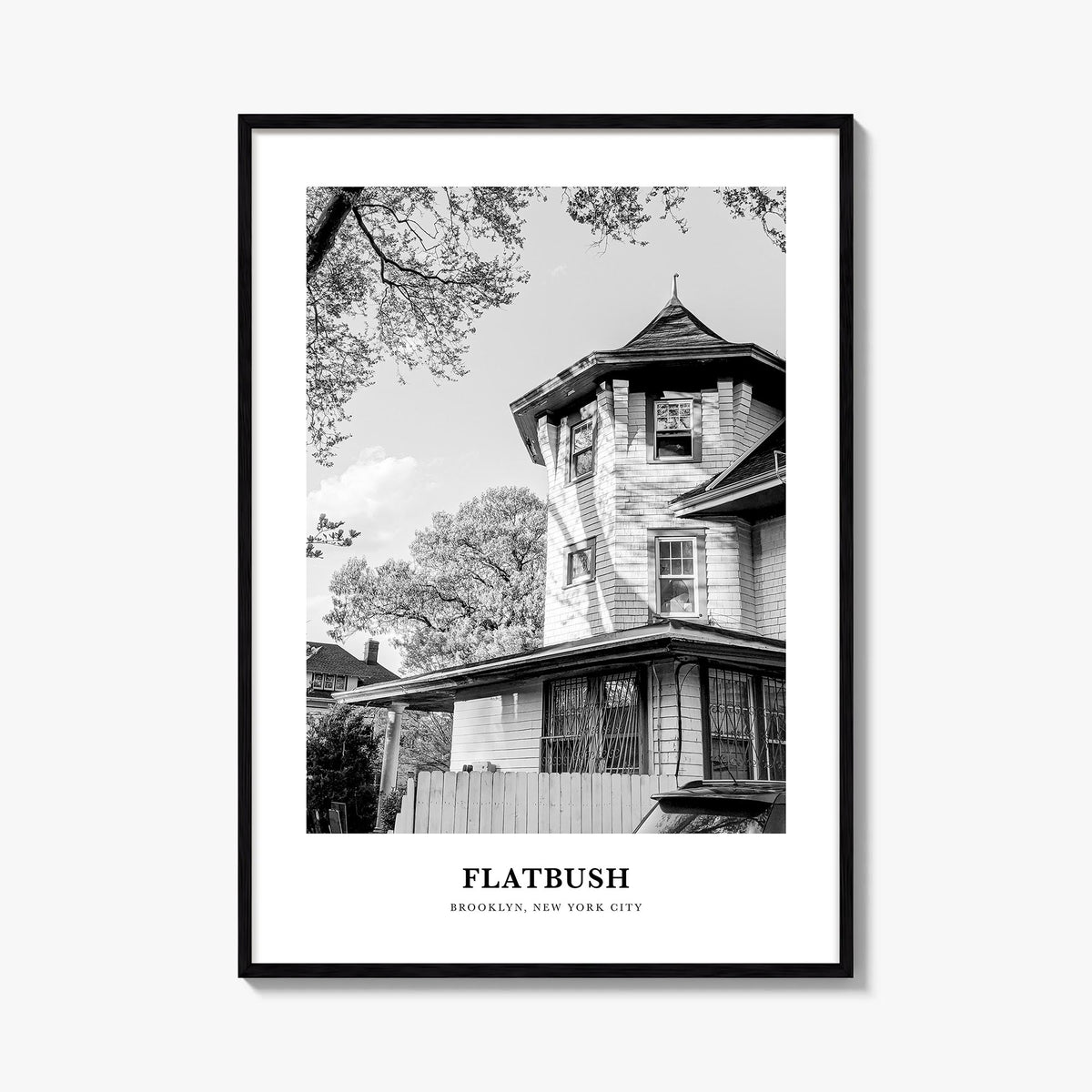 Flatbush black & white classic poster of Brooklyn, New York City – vertical wall art, unframed print shown in interior mockup