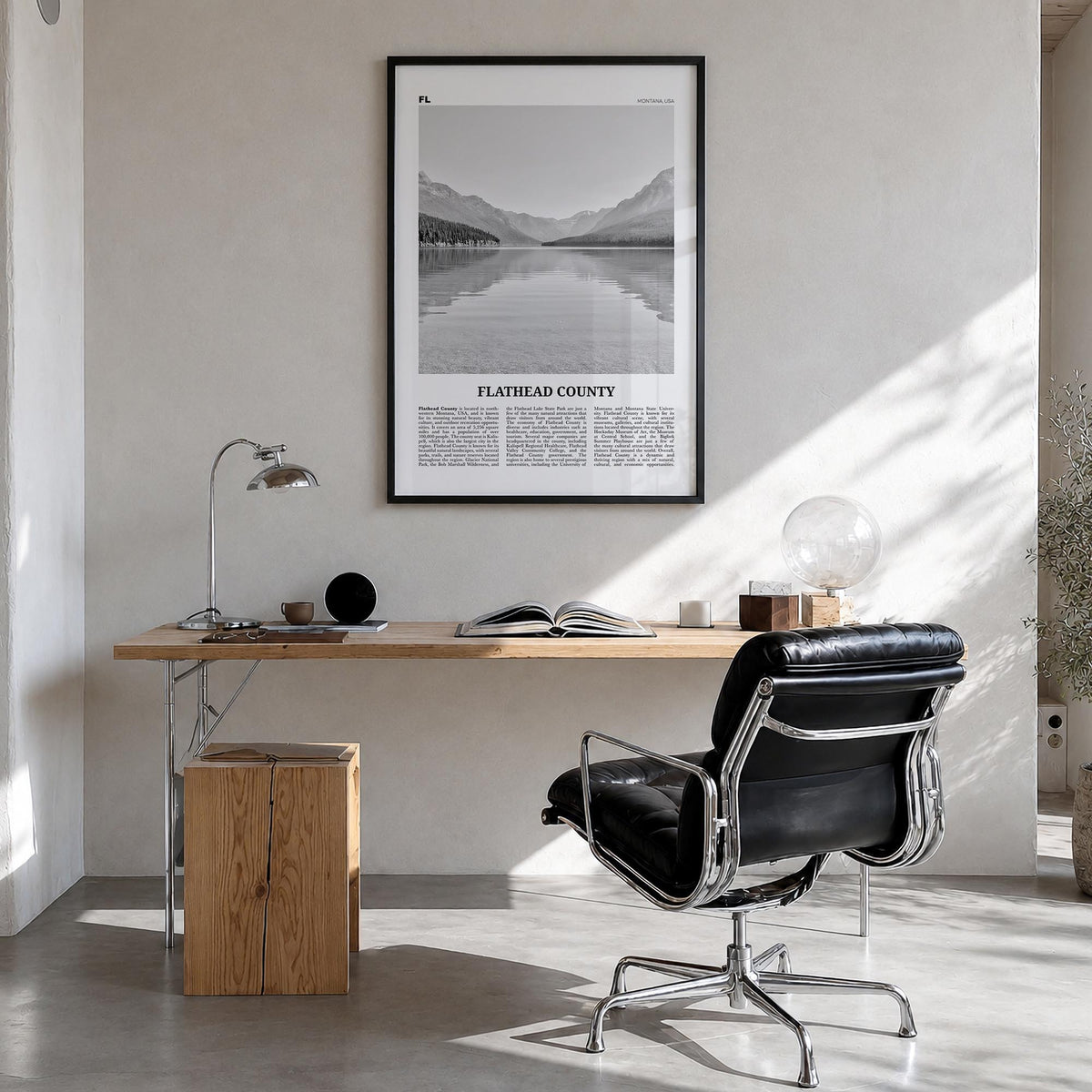 Flathead County black & white newspaper poster of Montana, USA – vertical wall art in black wood frame, hanging on wall