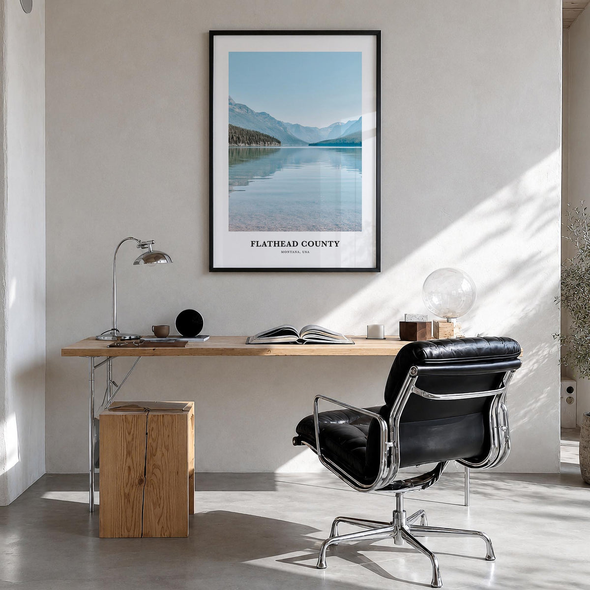 Flathead County colorful classic poster of Montana, USA – vertical wall art in black wood frame, hanging on wall