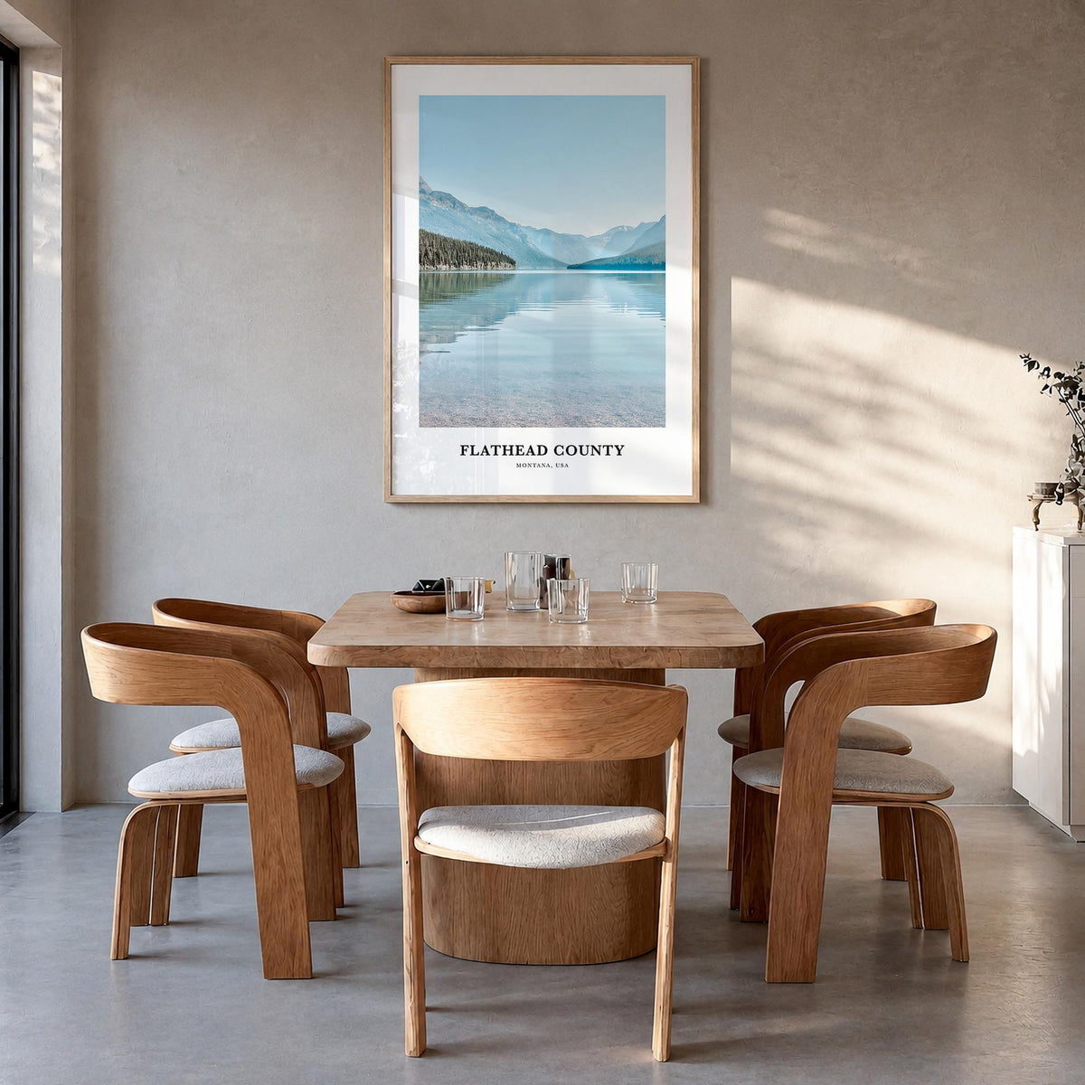 Flathead County colorful classic poster of Montana, USA – vertical wall art in natural wood frame, hanging on wall