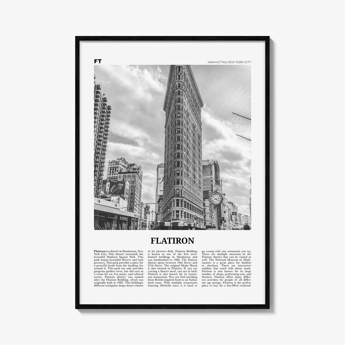 Flatiron black & white newspaper poster of New York, USA – vertical wall art, unframed print shown in interior mockup