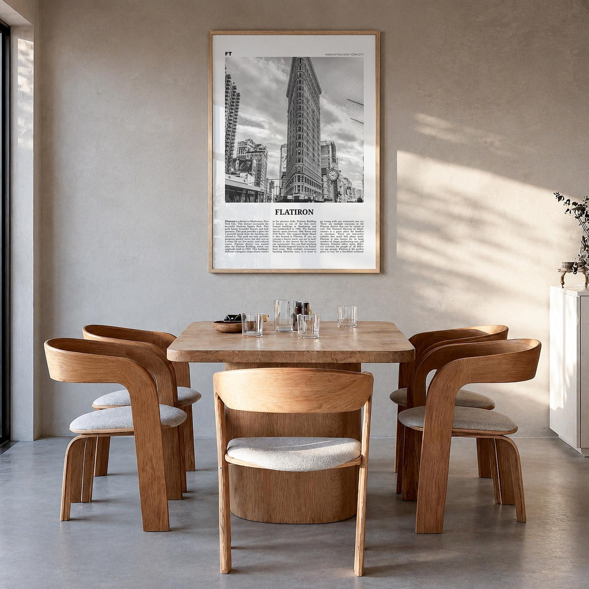 Flatiron black & white newspaper poster of New York, USA – vertical wall art in natural wood frame, hanging on wall