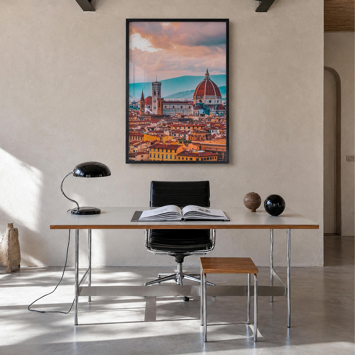 Florence no. 1 colorful photo poster of Italy – vertical wall art in black wood frame, hanging on wall