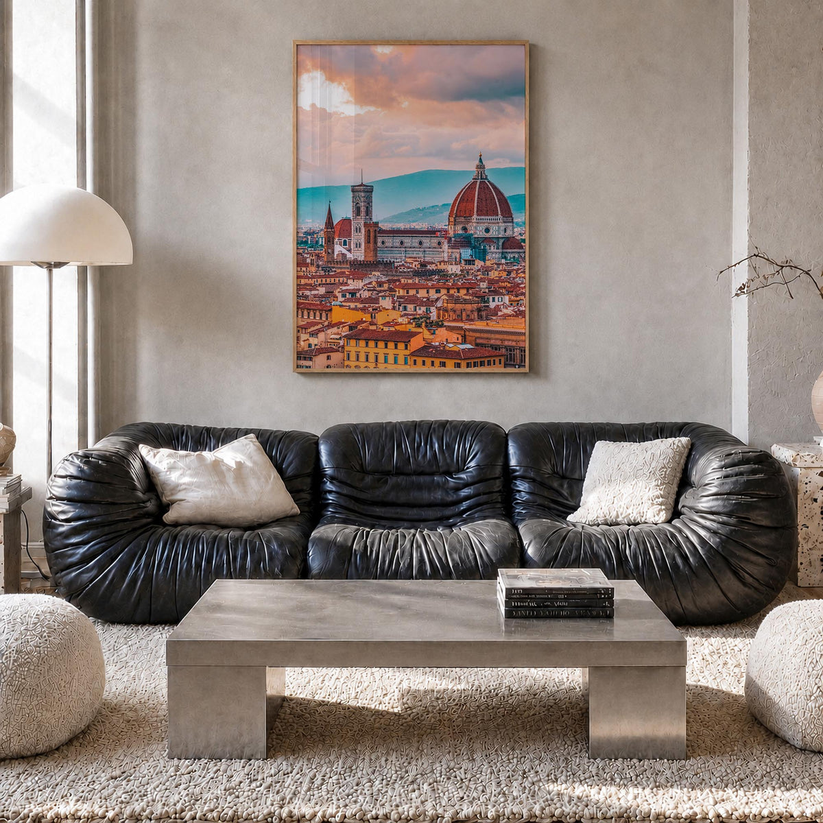 Florence no. 1 colorful photo poster of Italy – vertical wall art in natural wood frame, hanging on wall