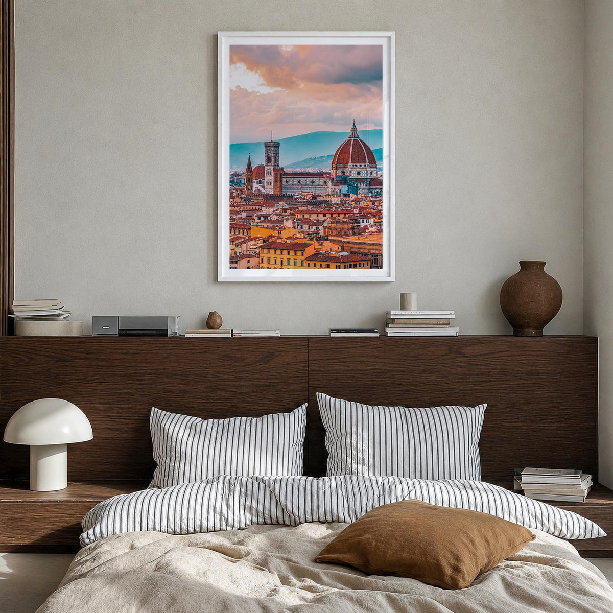Florence no. 1 colorful photo poster of Italy – vertical wall art in white wood frame with white border, hanging on wall