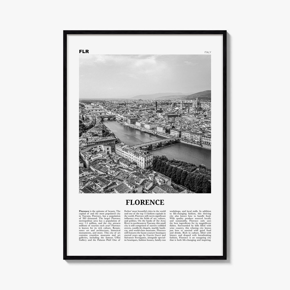 Florence no. 3 black & white newspaper poster of Italy – vertical wall art, unframed print shown in interior mockup