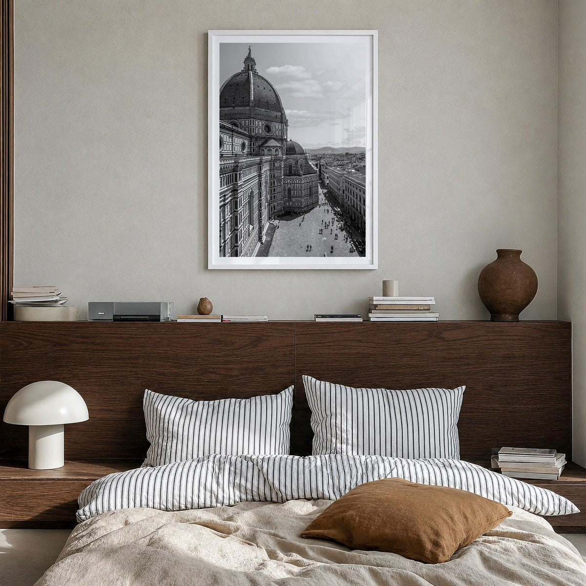 Florence no. 2 black & white photo poster of Italy – vertical wall art in white wood frame with white border, hanging on wall