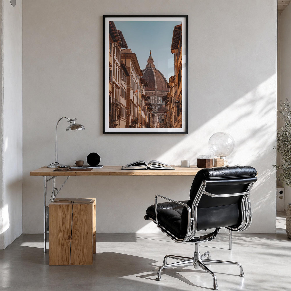 Florence no. 2 colorful photo poster of Italy – vertical wall art in black wood frame with white border, hanging on wall