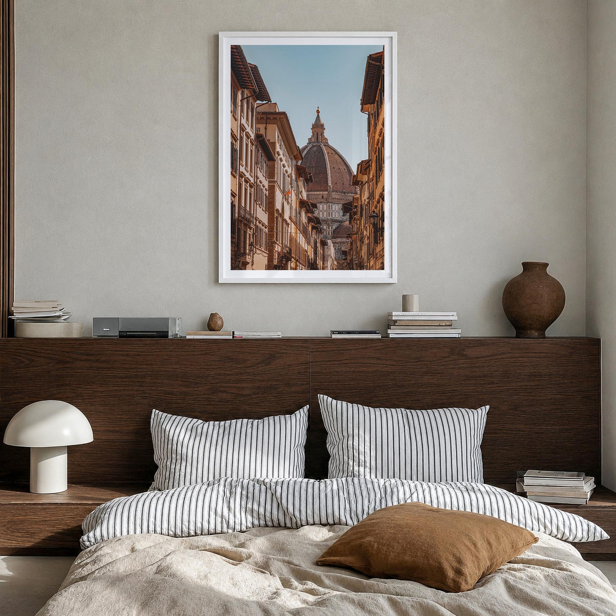 Florence no. 2 colorful photo poster of Italy – vertical wall art in white wood frame with white border, hanging on wall