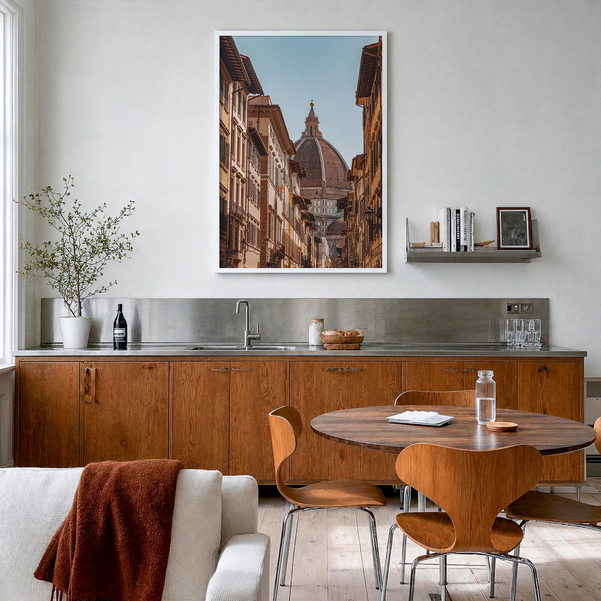 Florence no. 2 colorful photo poster of Italy – vertical wall art in white wood frame, hanging on wall