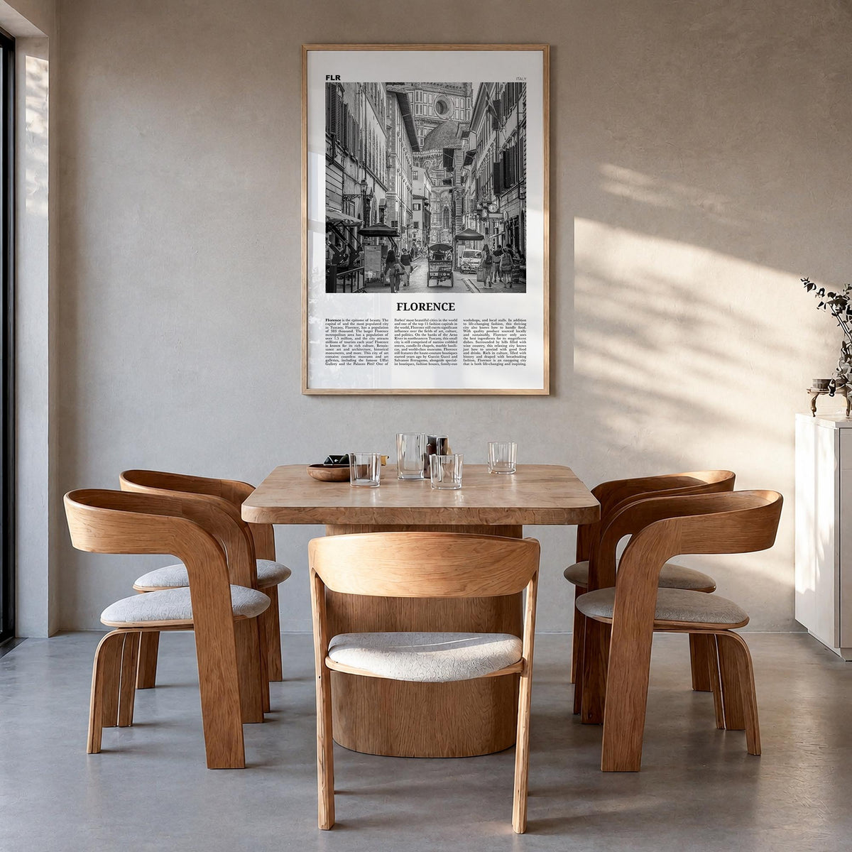 Florence no. 4 black & white newspaper poster of Italy – vertical wall art in natural wood frame, hanging on wall