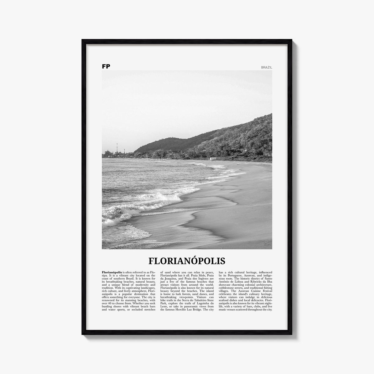 Florianópolis black & white newspaper poster of Brazil – vertical wall art, unframed print shown in interior mockup