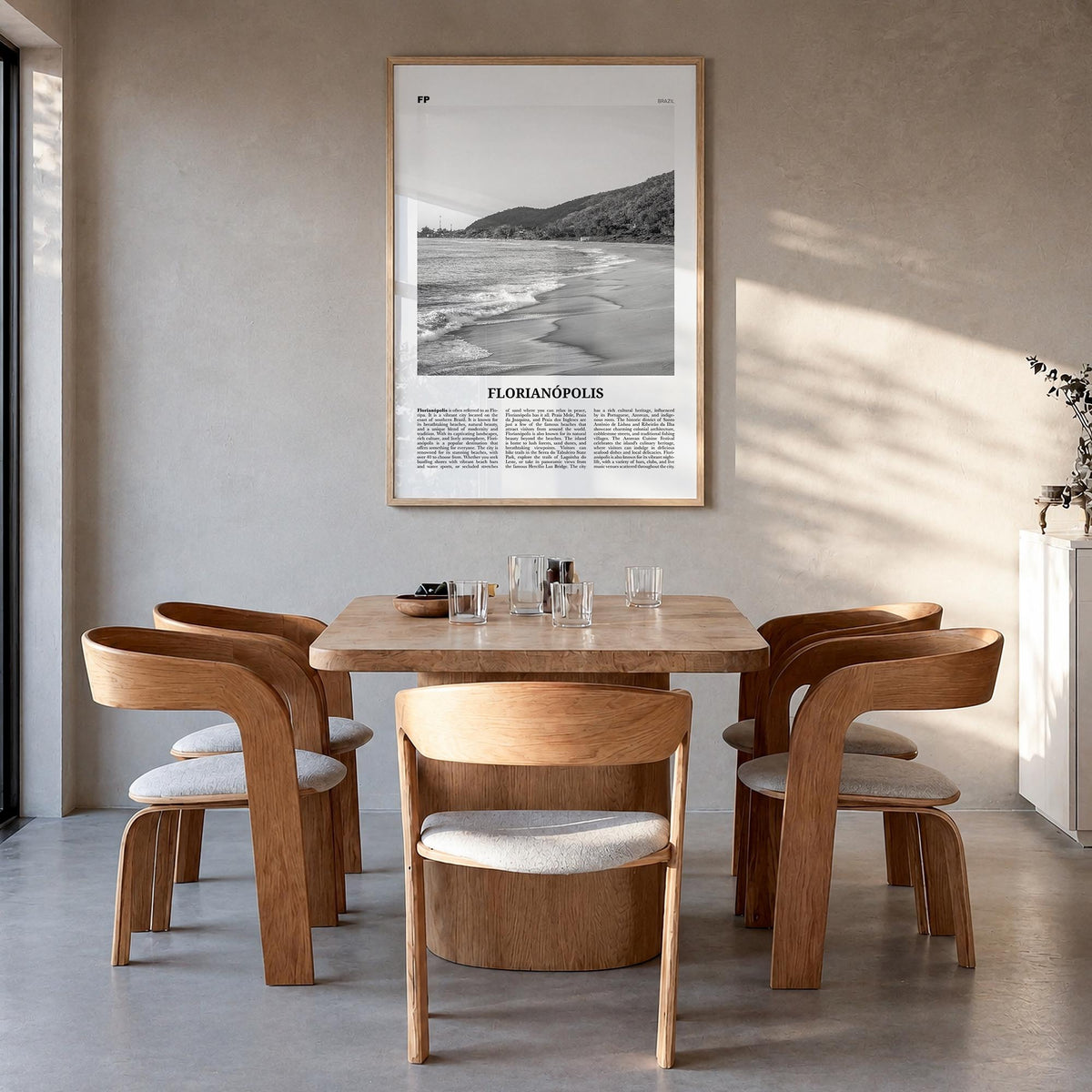 Florianópolis black & white newspaper poster of Brazil – vertical wall art in natural wood frame, hanging on wall
