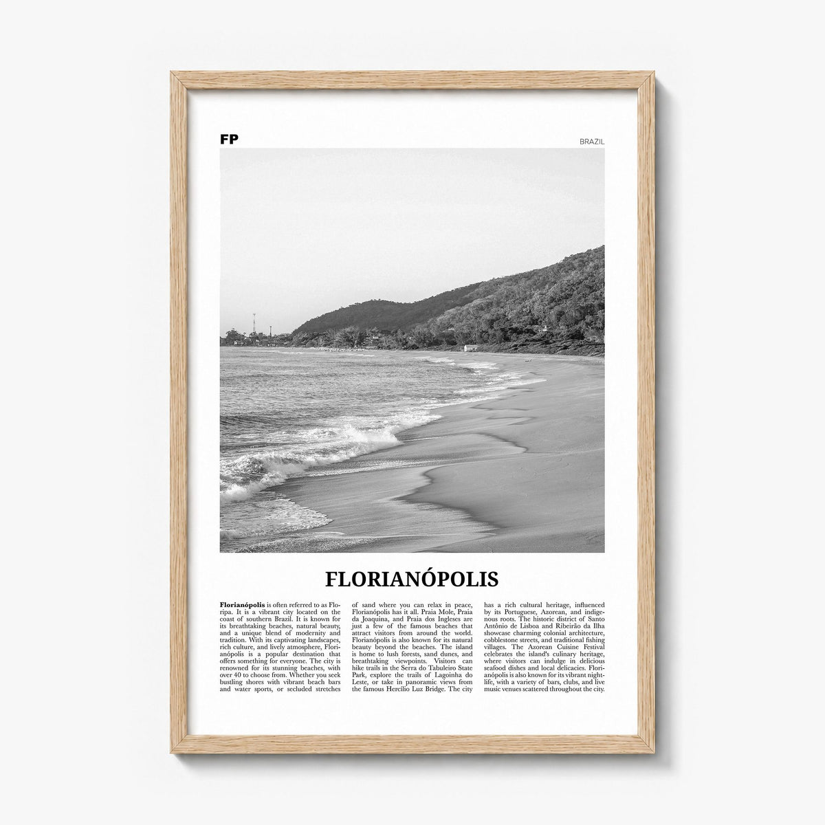 Florianópolis Newspaper Poster in a natural wood frame