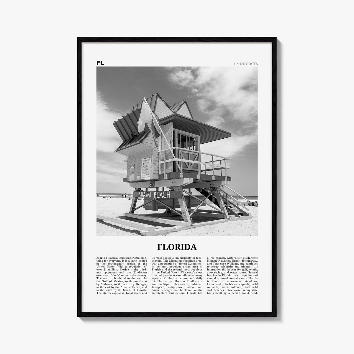 Florida no. 5 black & white newspaper poster of United States – vertical wall art, unframed print shown in interior mockup