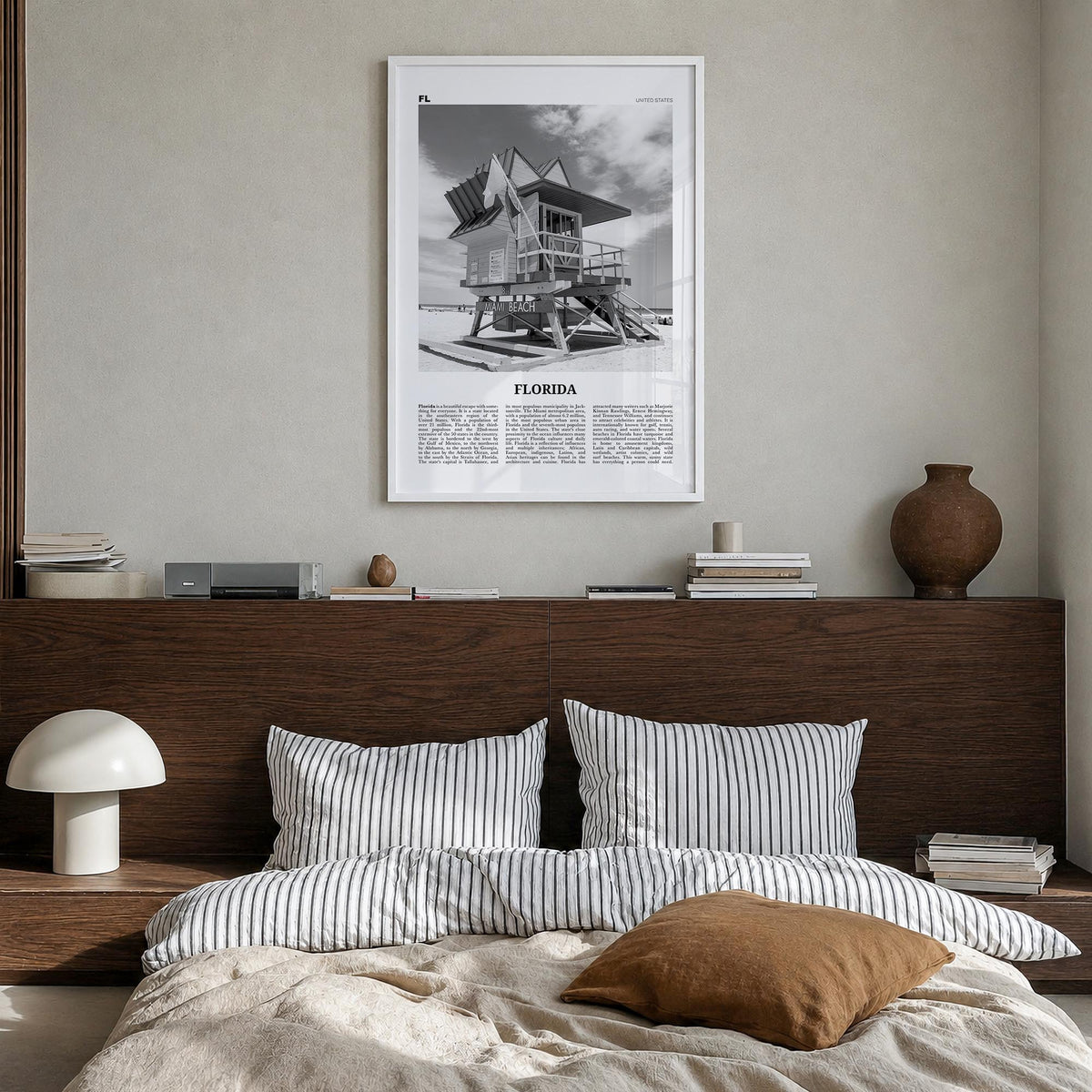 Florida no. 5 black & white newspaper poster of United States – vertical wall art in white wood frame, hanging on wall