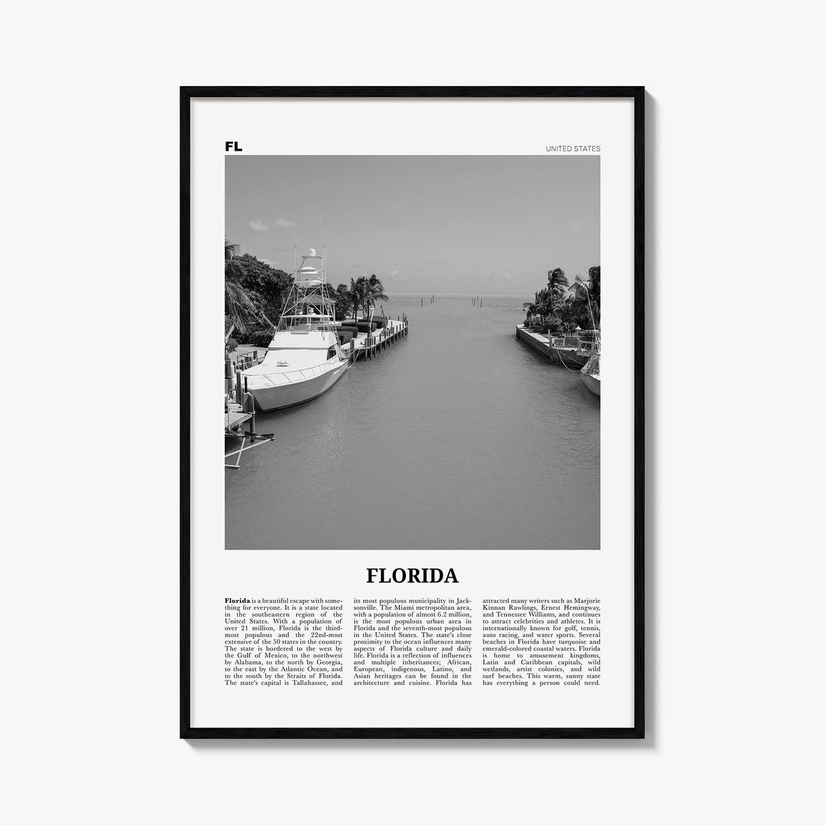 Florida no. 6 black & white newspaper poster of United States – vertical wall art, unframed print shown in interior mockup