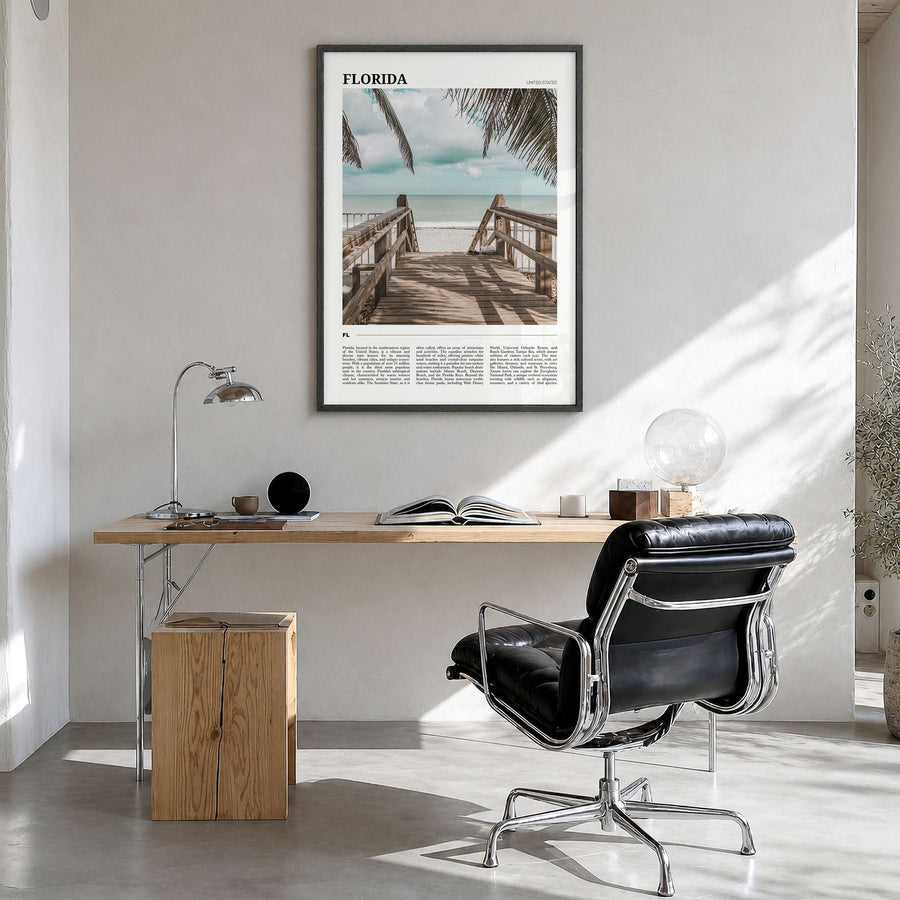 Florida Travel Poster in a black wood frame, hanging in a bright home office