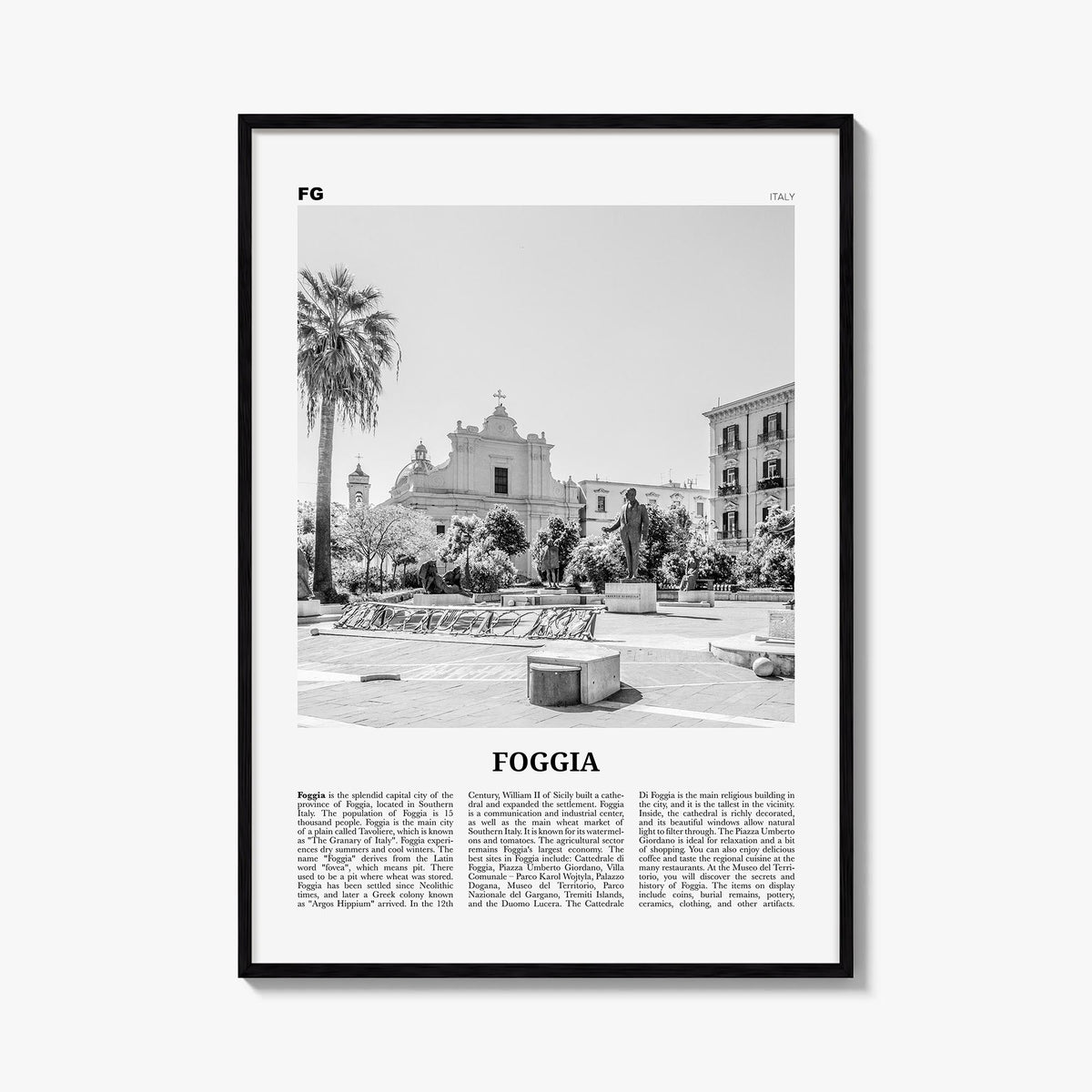 Foggia black & white newspaper poster of Italy – vertical wall art, unframed print shown in interior mockup