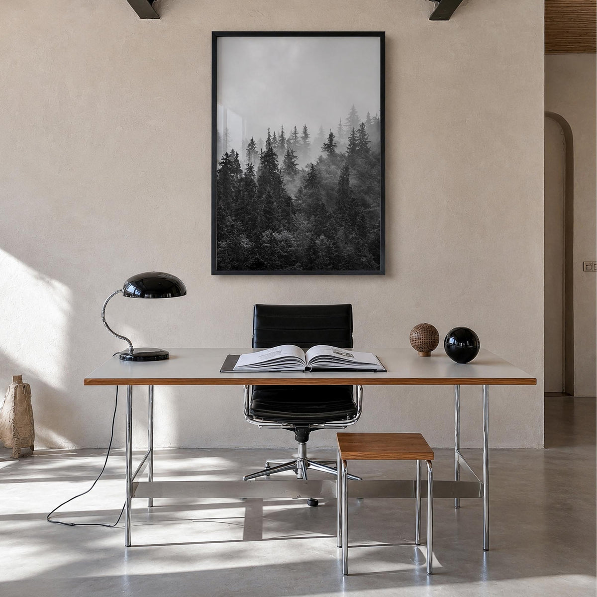 Foggy Forest no. 1 black & white photo poster – vertical wall art in black wood frame, hanging on wall
