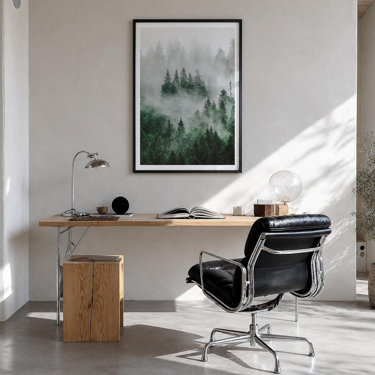 Foggy Forest no. 1 colorful photo poster – vertical wall art in black wood frame with white border, hanging on wall