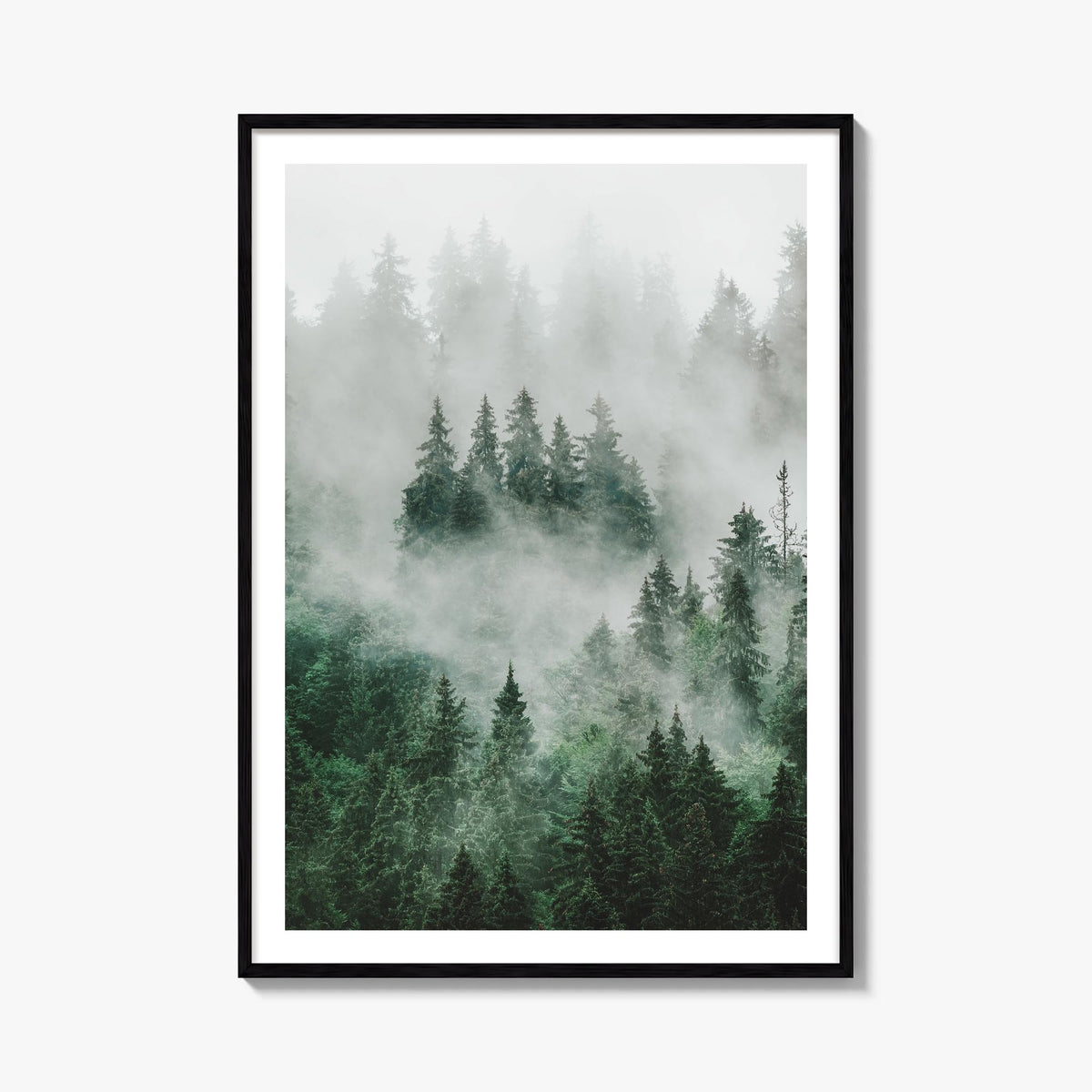 Foggy Forest no. 1 colorful photo poster – vertical wall art, unframed print shown in interior mockup