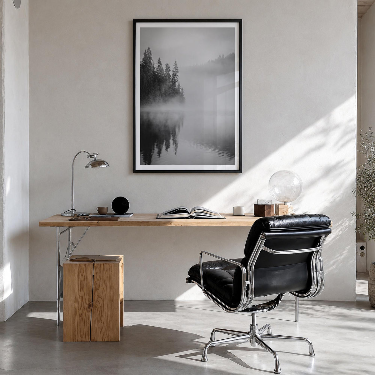 Foggy Forest no. 2 black & white photo poster – vertical wall art in black wood frame with white border, hanging on wall