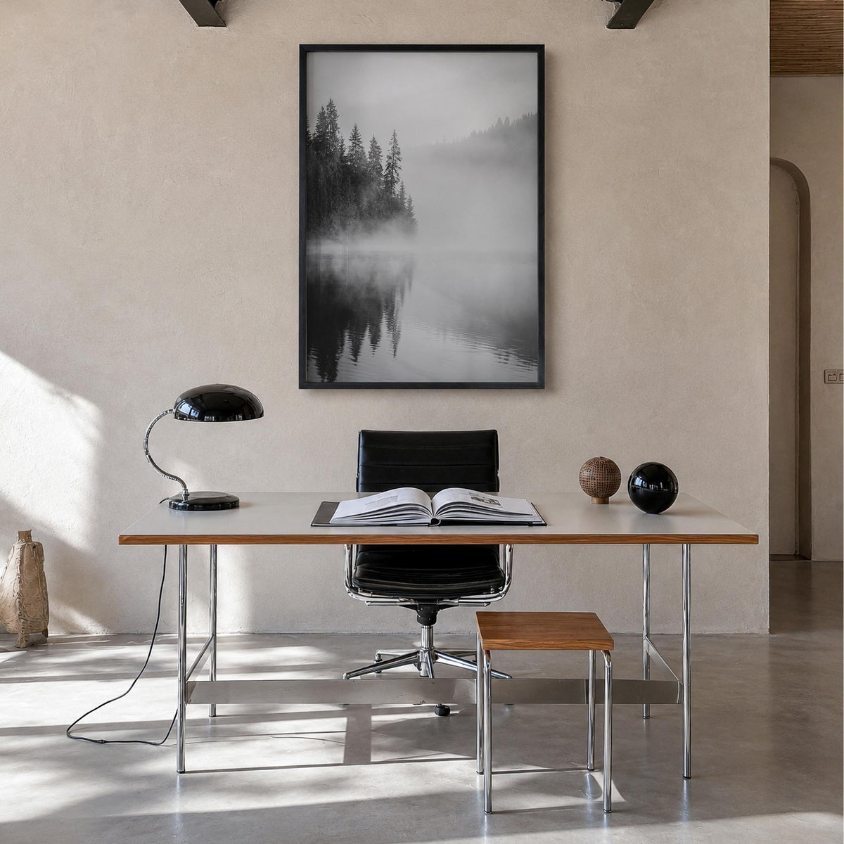 Foggy Forest no. 2 black & white photo poster – vertical wall art in black wood frame, hanging on wall