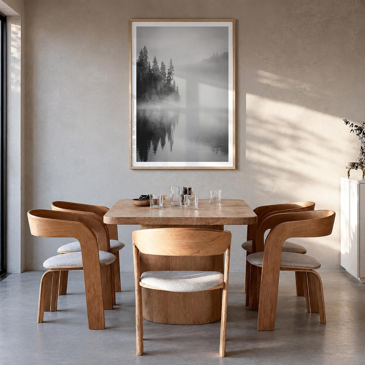 Foggy Forest no. 2 black & white photo poster – vertical wall art in natural wood frame with white border, hanging on wall
