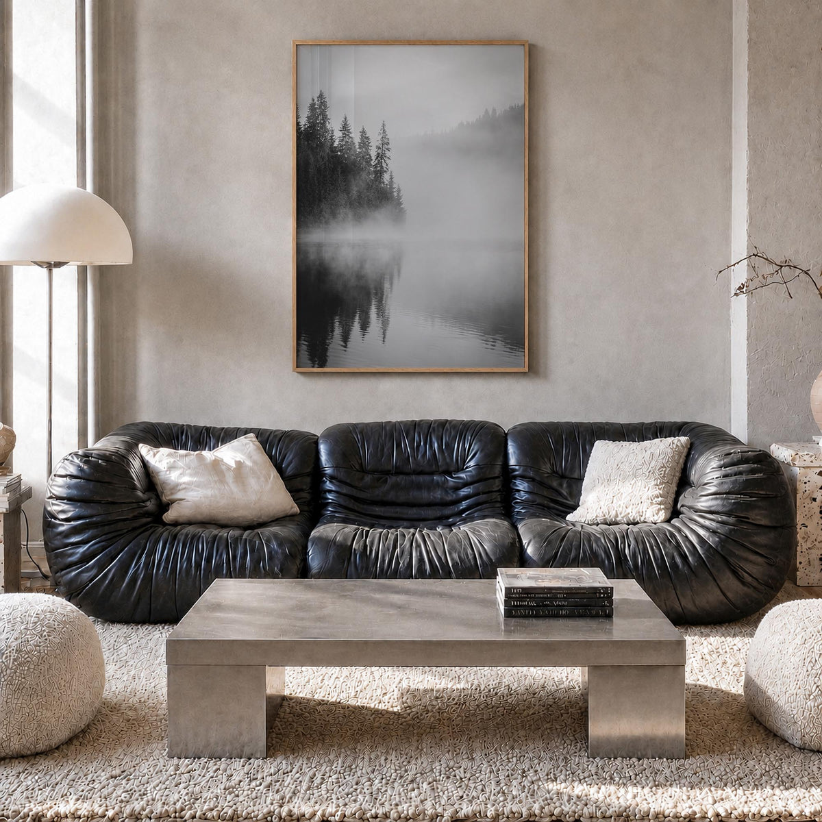 Foggy Forest no. 2 black & white photo poster – vertical wall art in natural wood frame, hanging on wall