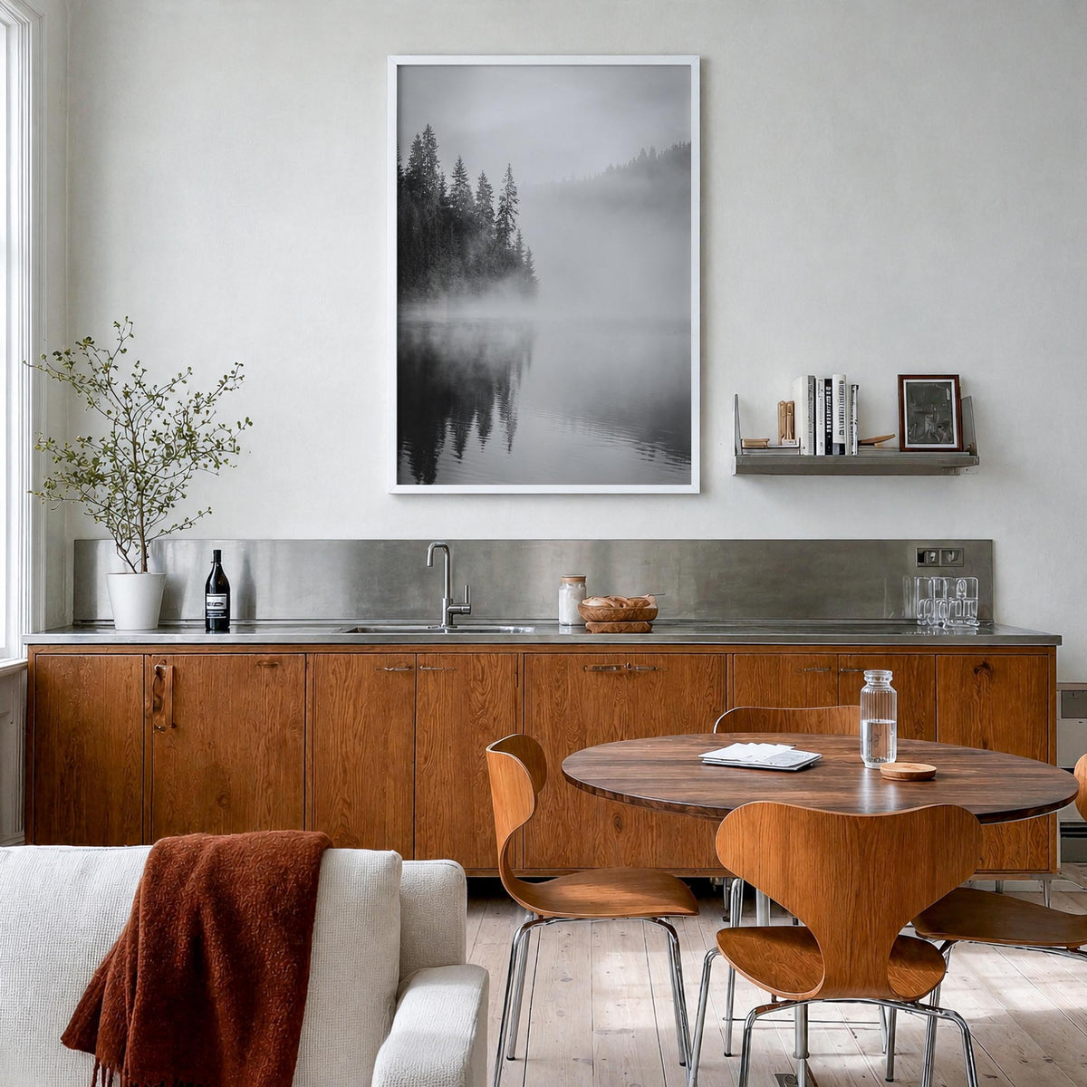 Foggy Forest no. 2 black & white photo poster – vertical wall art in white wood frame, hanging on wall