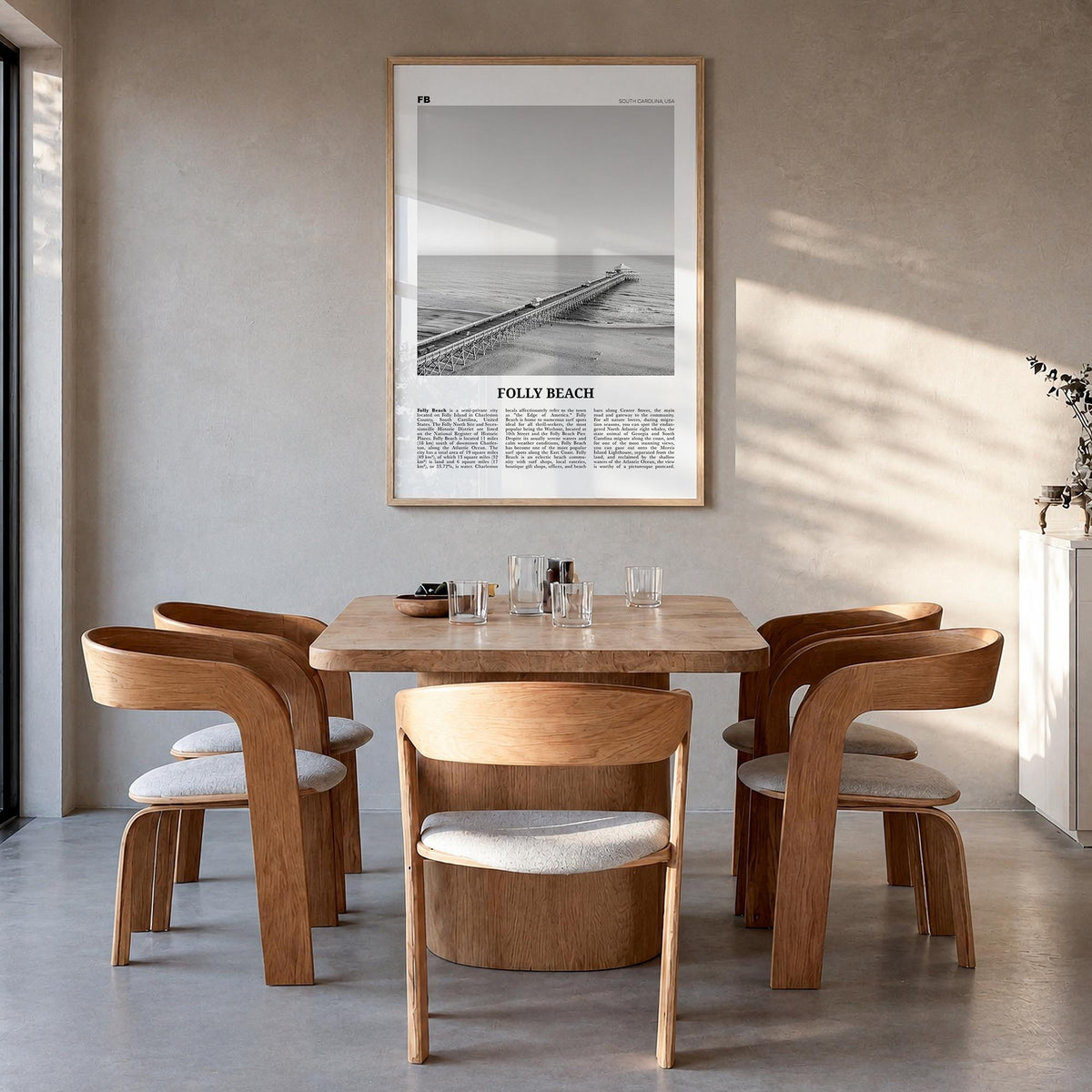 Folly Beach black & white newspaper poster of South Carolina, USA – vertical wall art in natural wood frame, hanging on wall