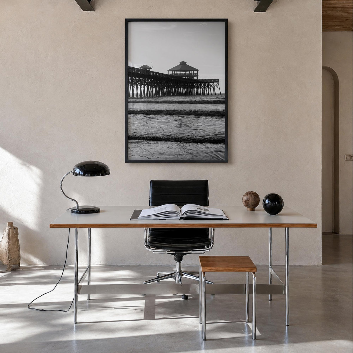 Folly Beach black & white photo poster of South Carolina, USA – vertical wall art in black wood frame, hanging on wall