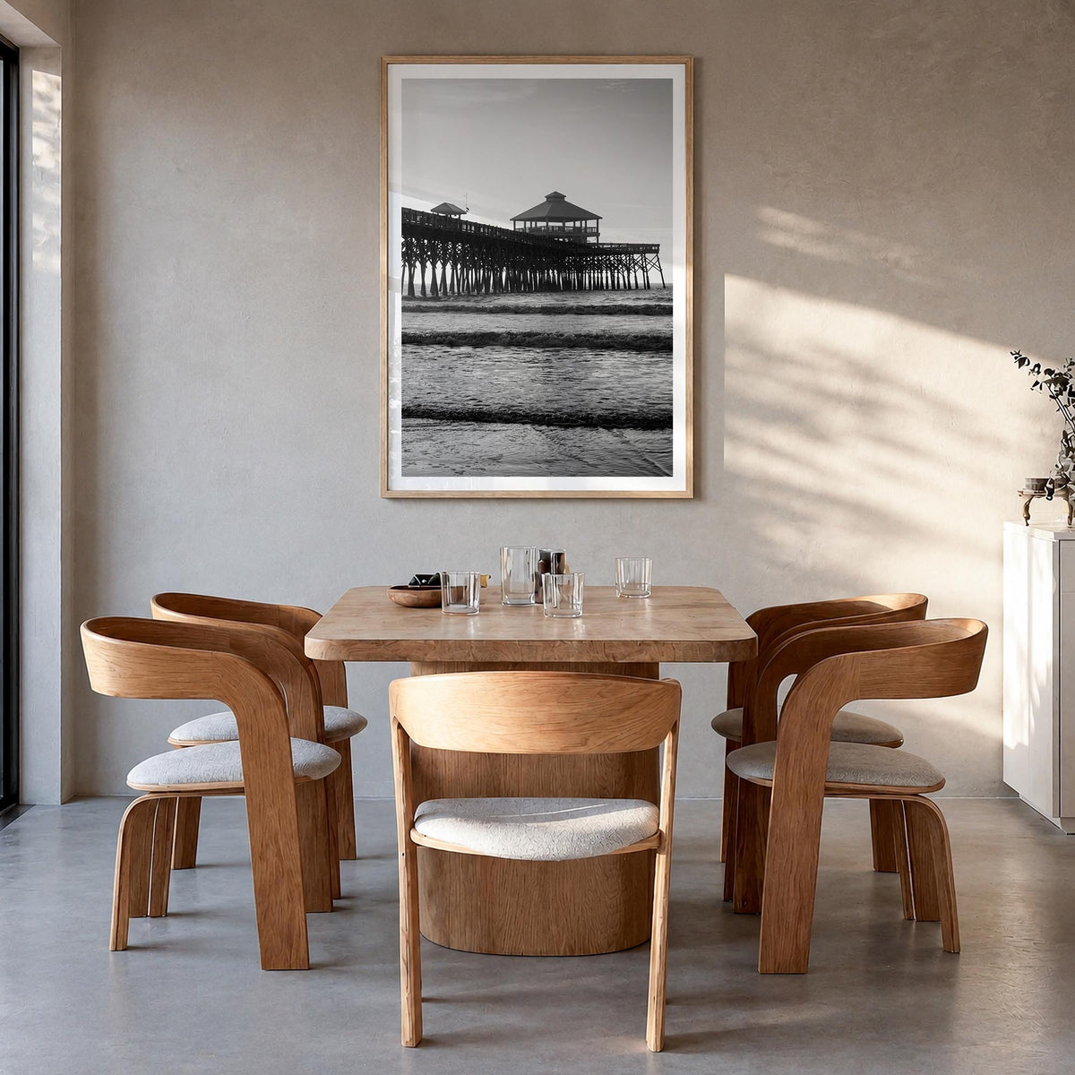 Folly Beach black & white photo poster of South Carolina, USA – vertical wall art in natural wood frame with white border, ha