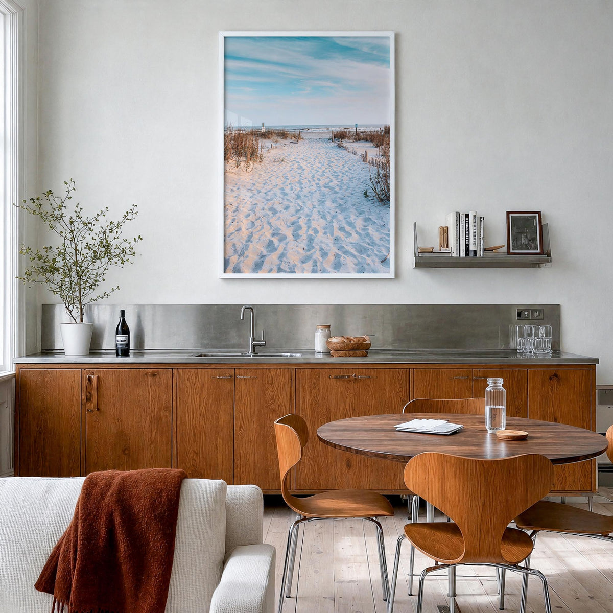 Folly Beach colorful photo poster of South Carolina, USA – vertical wall art in white wood frame, hanging on wall