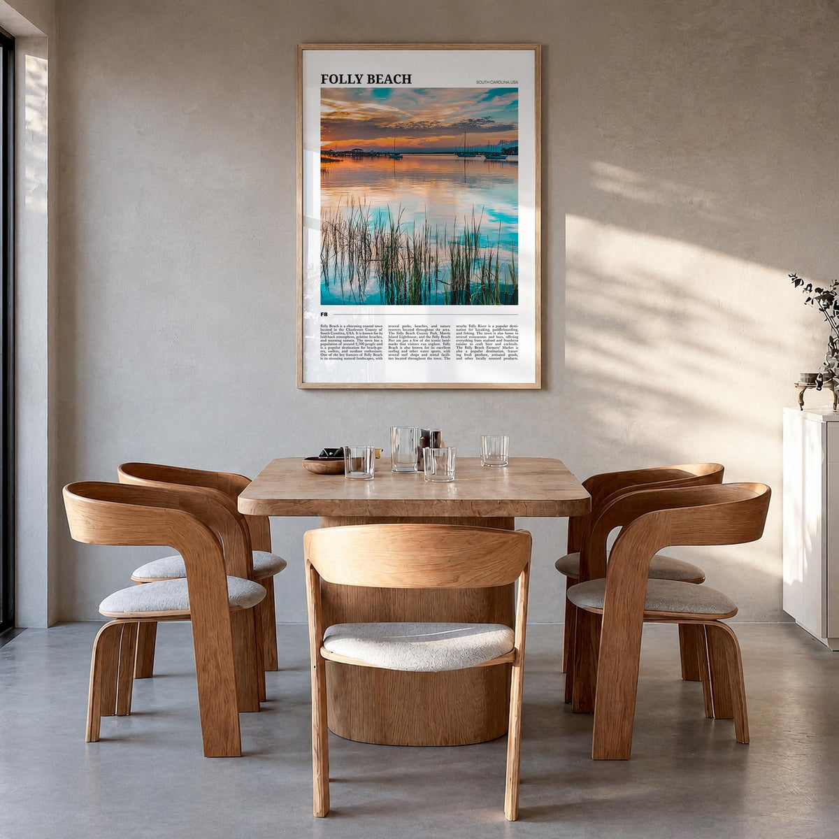 Folly Beach colorful travel poster of South Carolina, USA – vertical wall art in natural wood frame, hanging on wall