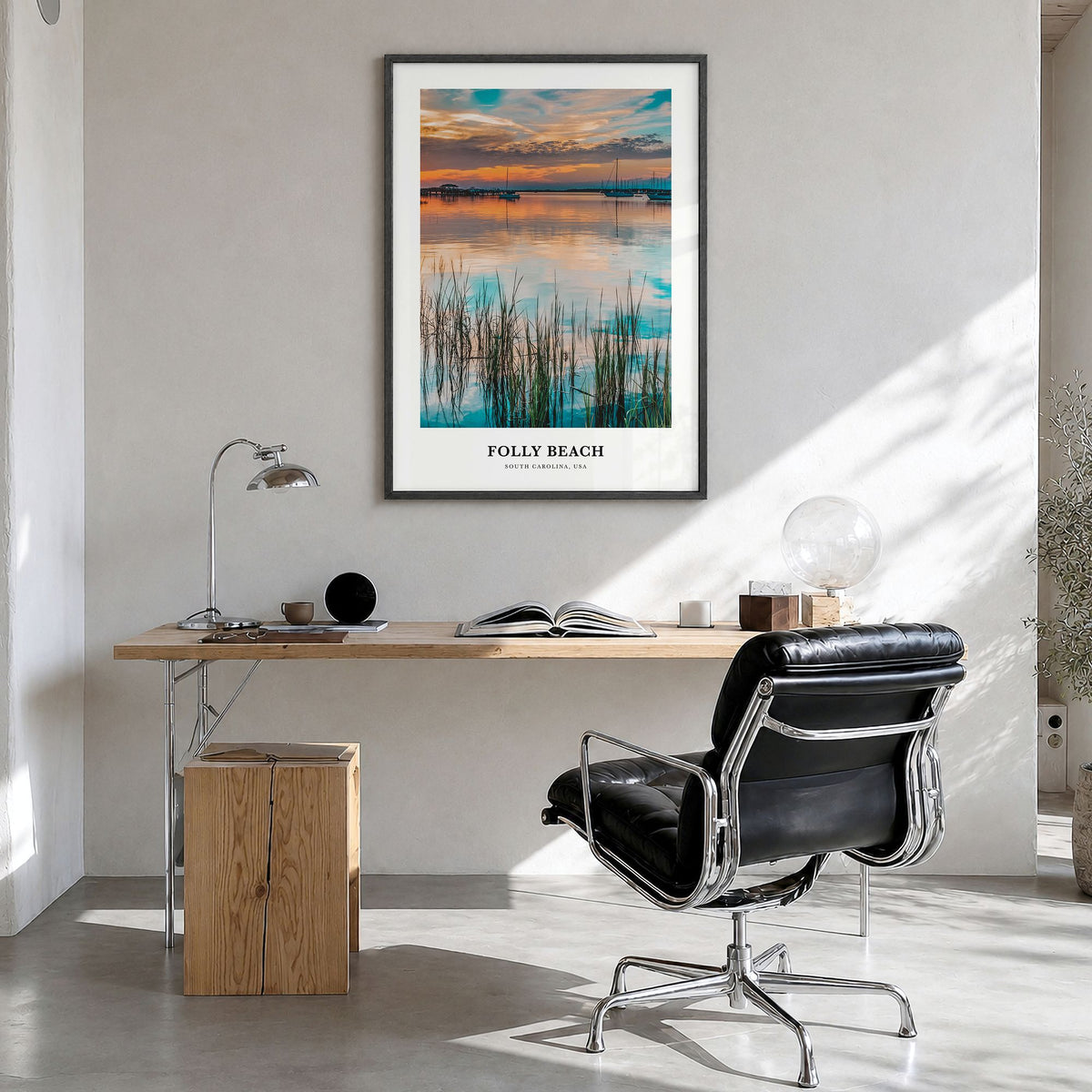 Folly Beach Classic Poster in a black wood frame, hanging in a bright home office