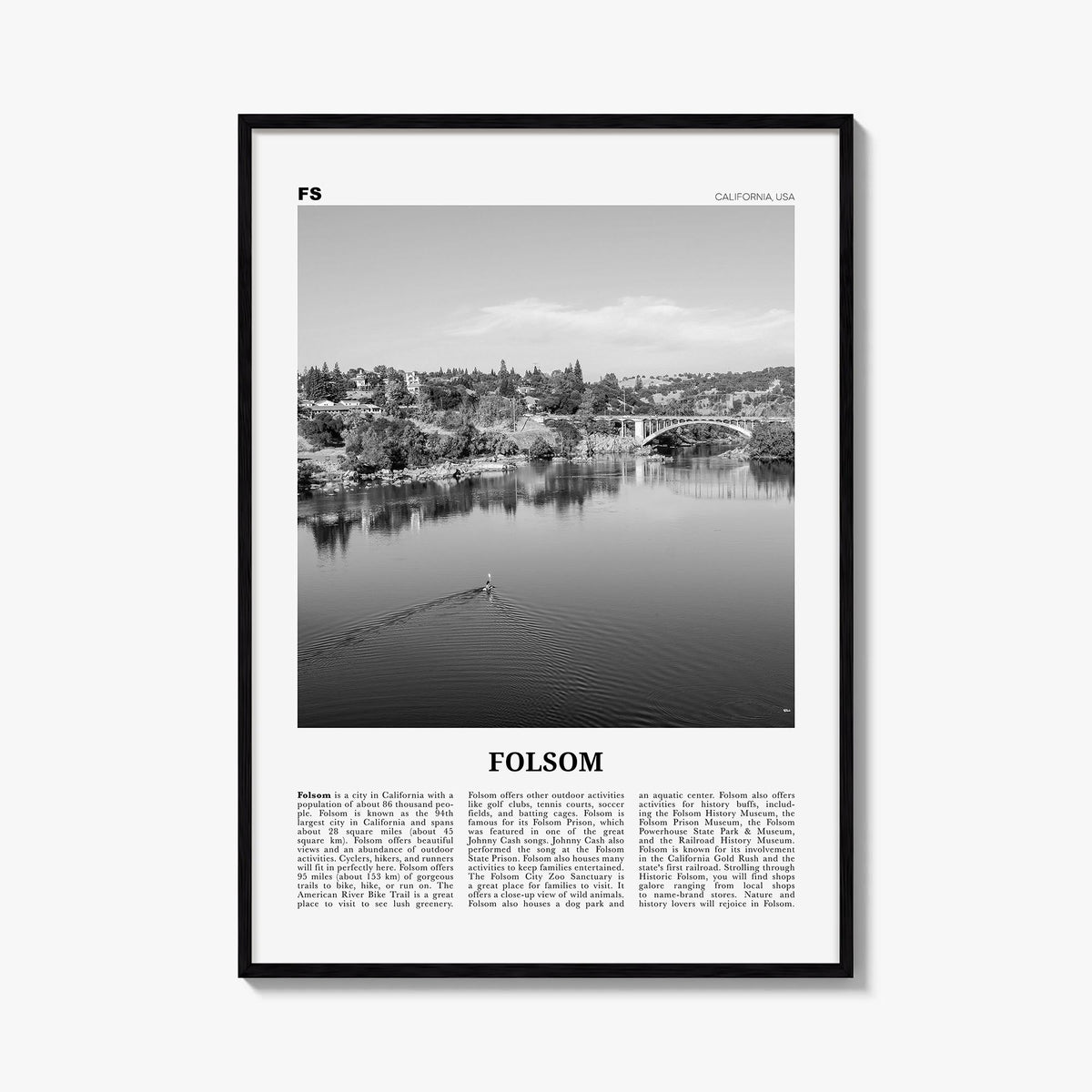 Folsom black & white newspaper poster of California, USA – vertical wall art, unframed print shown in interior mockup