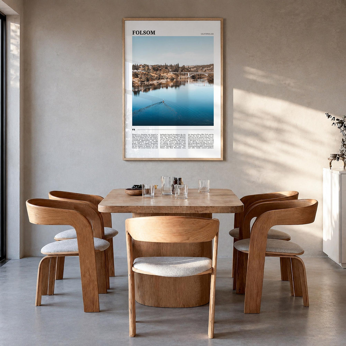 Folsom colorful travel poster of California, USA – vertical wall art in natural wood frame, hanging on wall