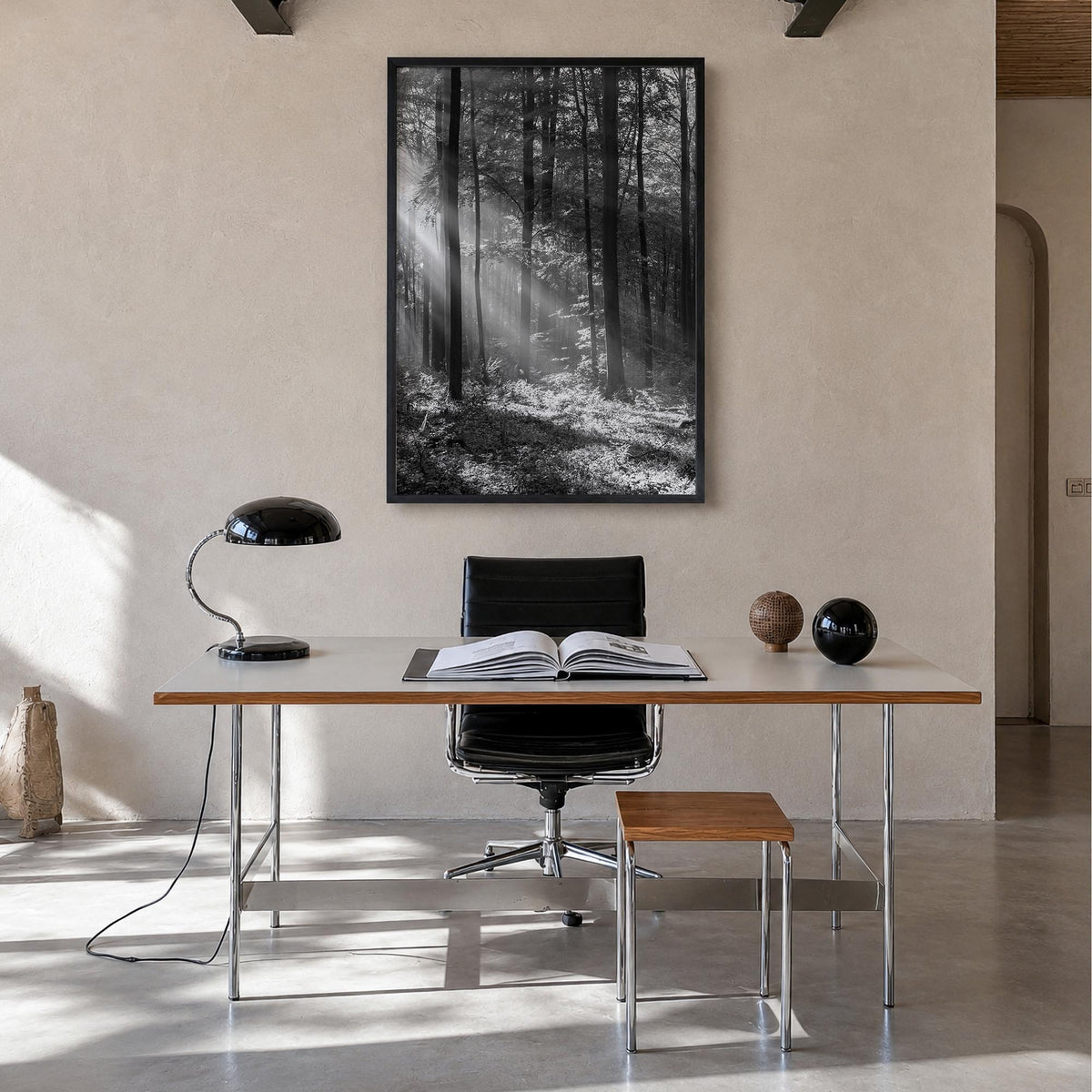 Forest black & white photo poster – vertical wall art in black wood frame, hanging on wall