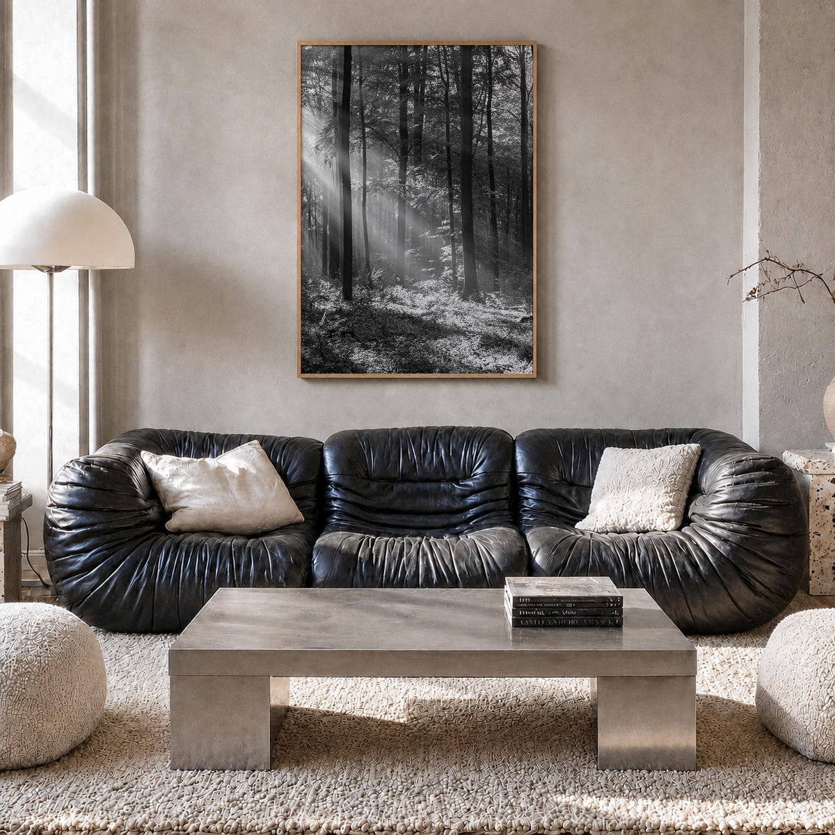 Forest black & white photo poster – vertical wall art in natural wood frame, hanging on wall